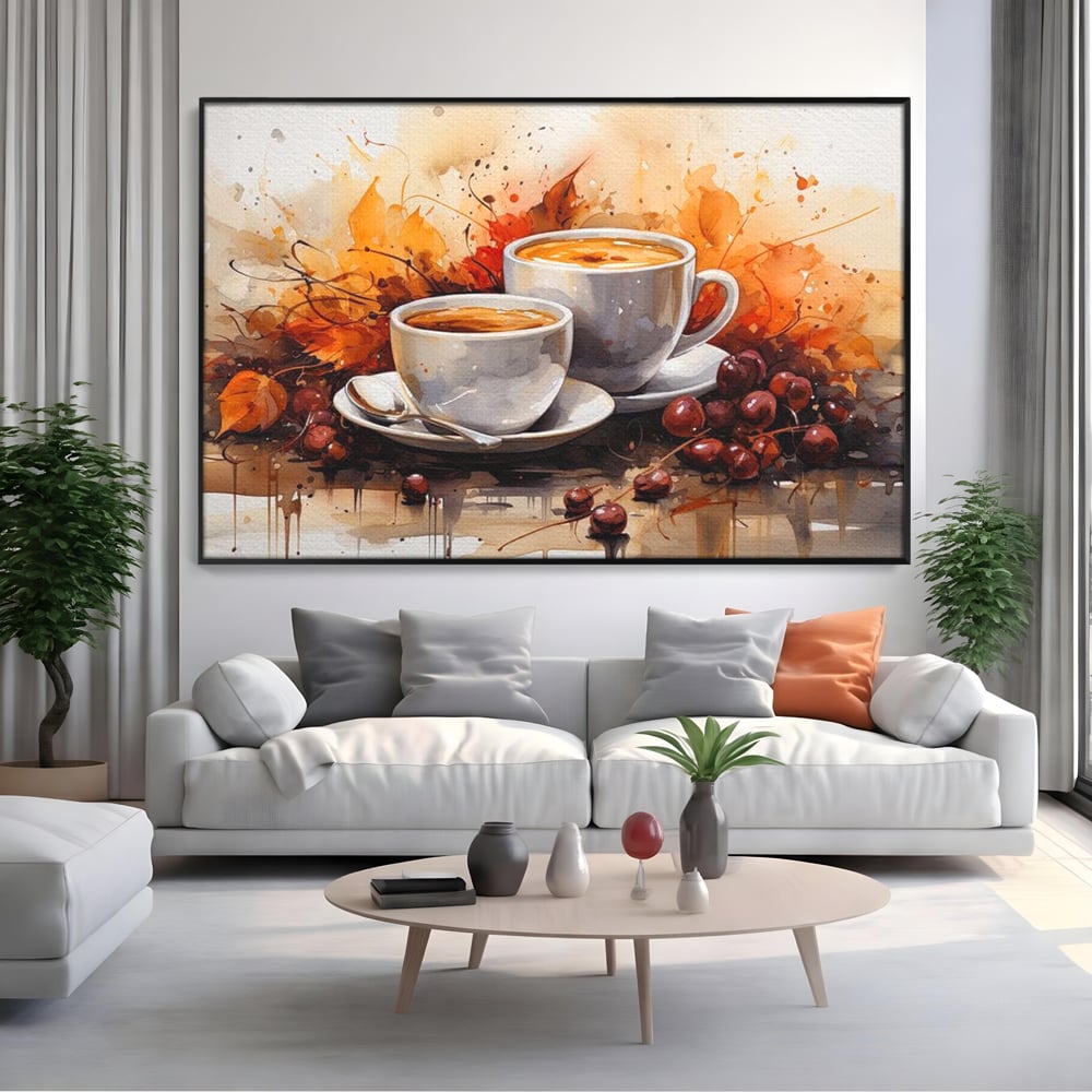 Tablou canvas cu pictura cu doua cesti de cafea si frunze de toamna, in rama de aluminiu negru, pe perete intr-un living